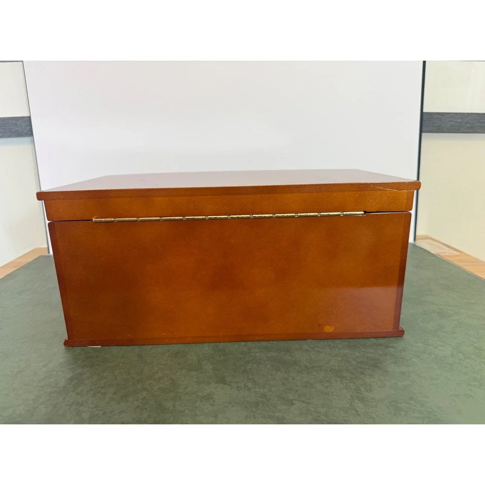 Large Wooden Jewelry Box Chest Locking Bow Front 2 Removable Trays Mirror Key